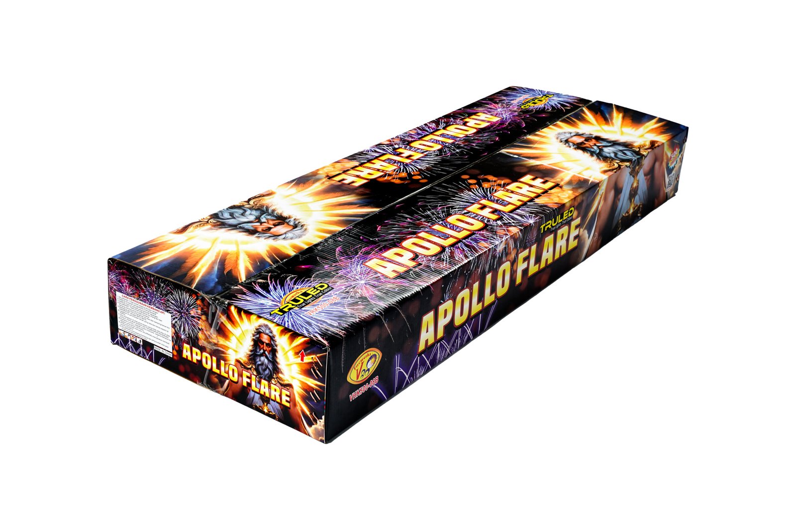 Rectangular fireworks box titled Apollo Flare with bright exploding fireworks artwork across the packaging.