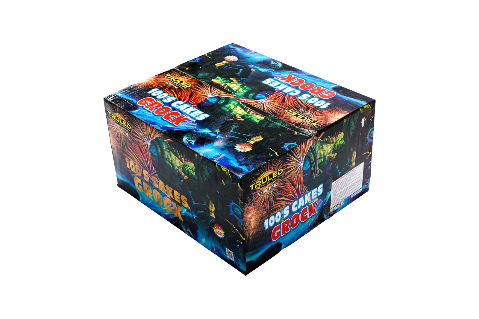 Colorful fireworks box with bursting bursts and bold lettering on the lid, showing a festive display graphic.