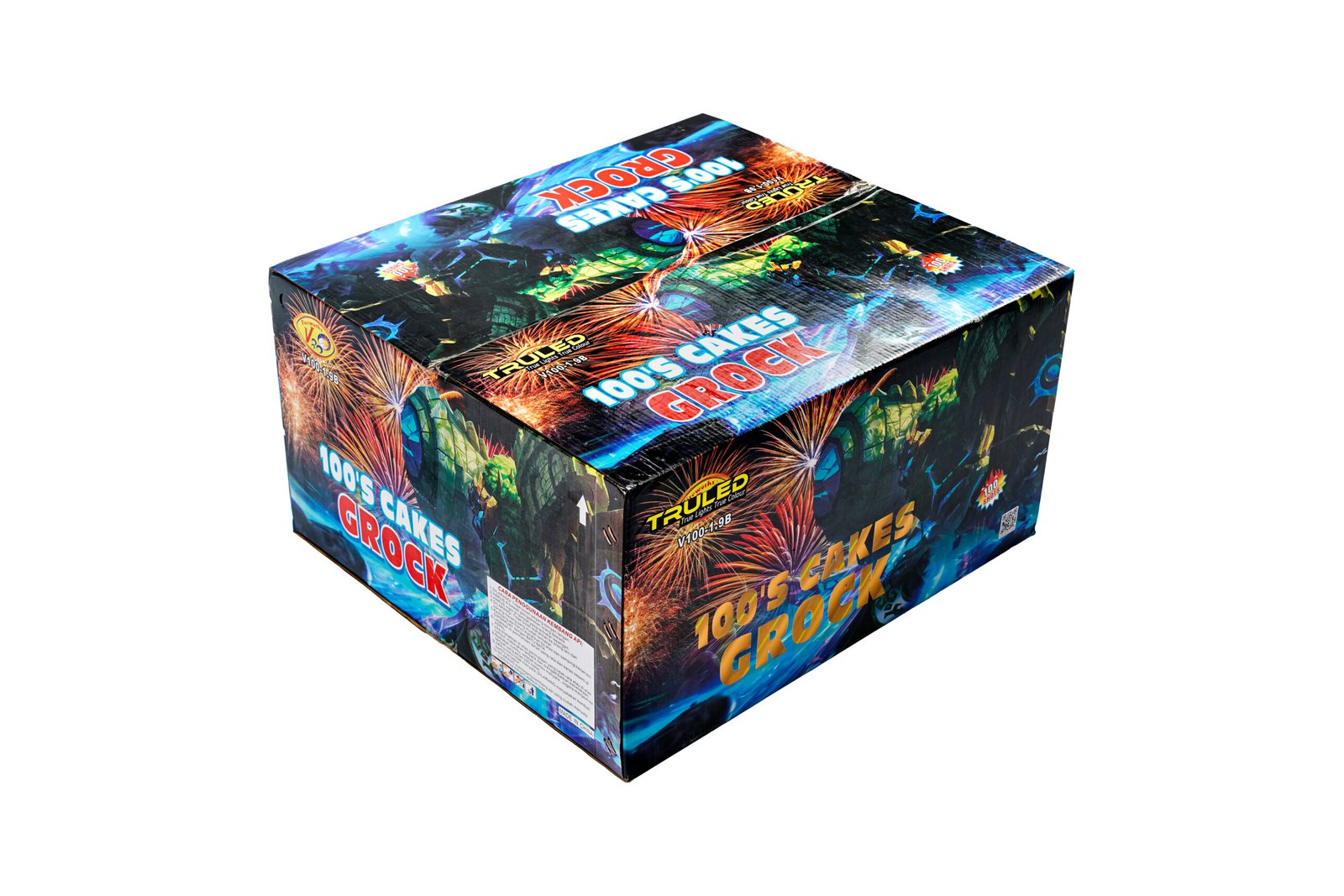 Angle view of a colorful fireworks box with bold graphics and branding, showcasing fireworks artwork on the sides and top.