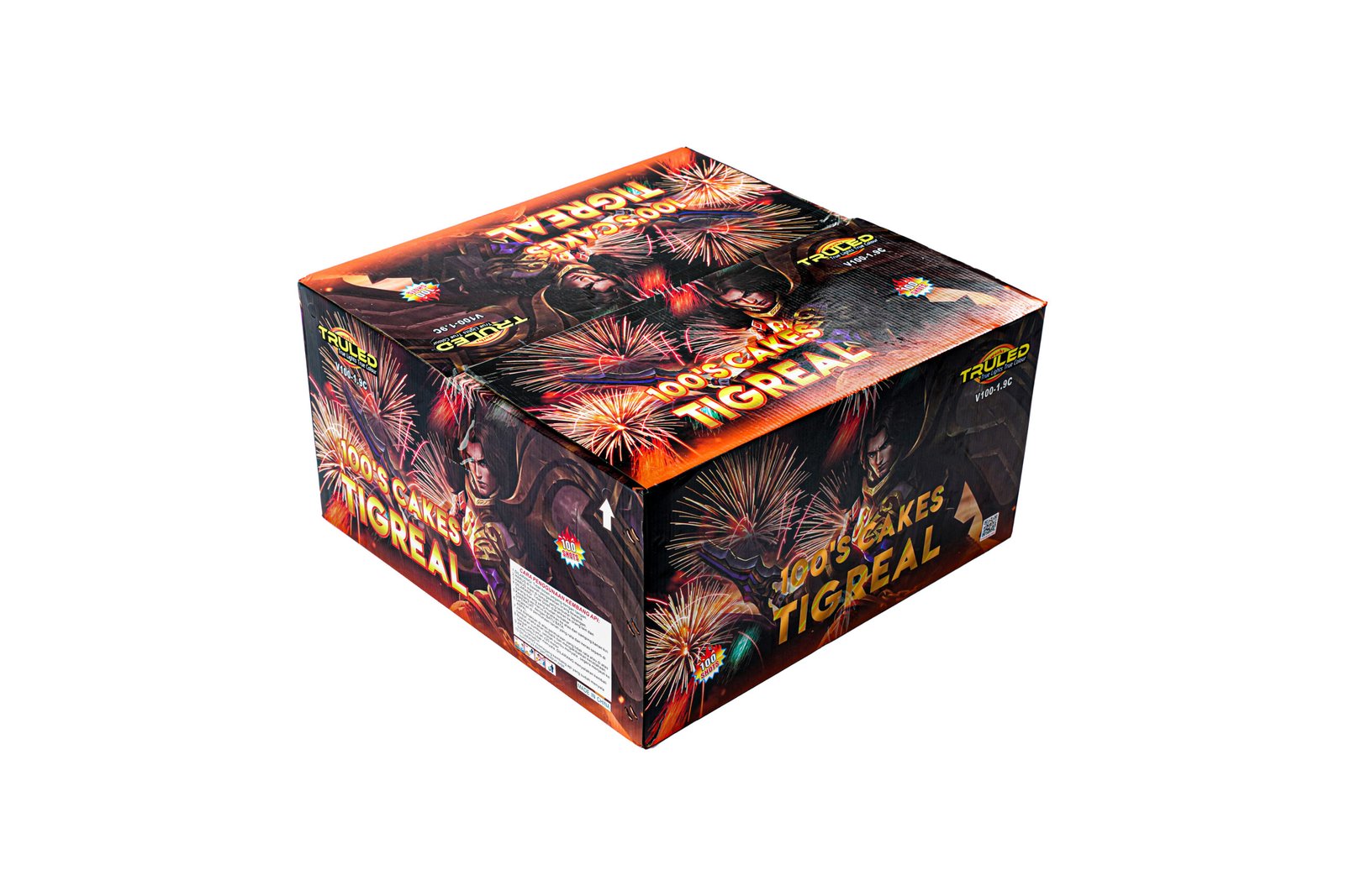 Boxed fireworks packaging featuring red-orange graphics and bursts of fireworks; text reads “100s Cakes … Real” across the sides.
