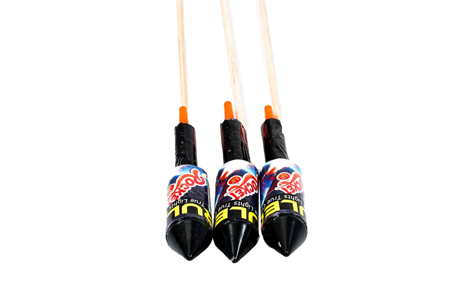 Top-down view of three popsicle sticks with orange tips and colorful wrappers, arranged in a row on a white background.