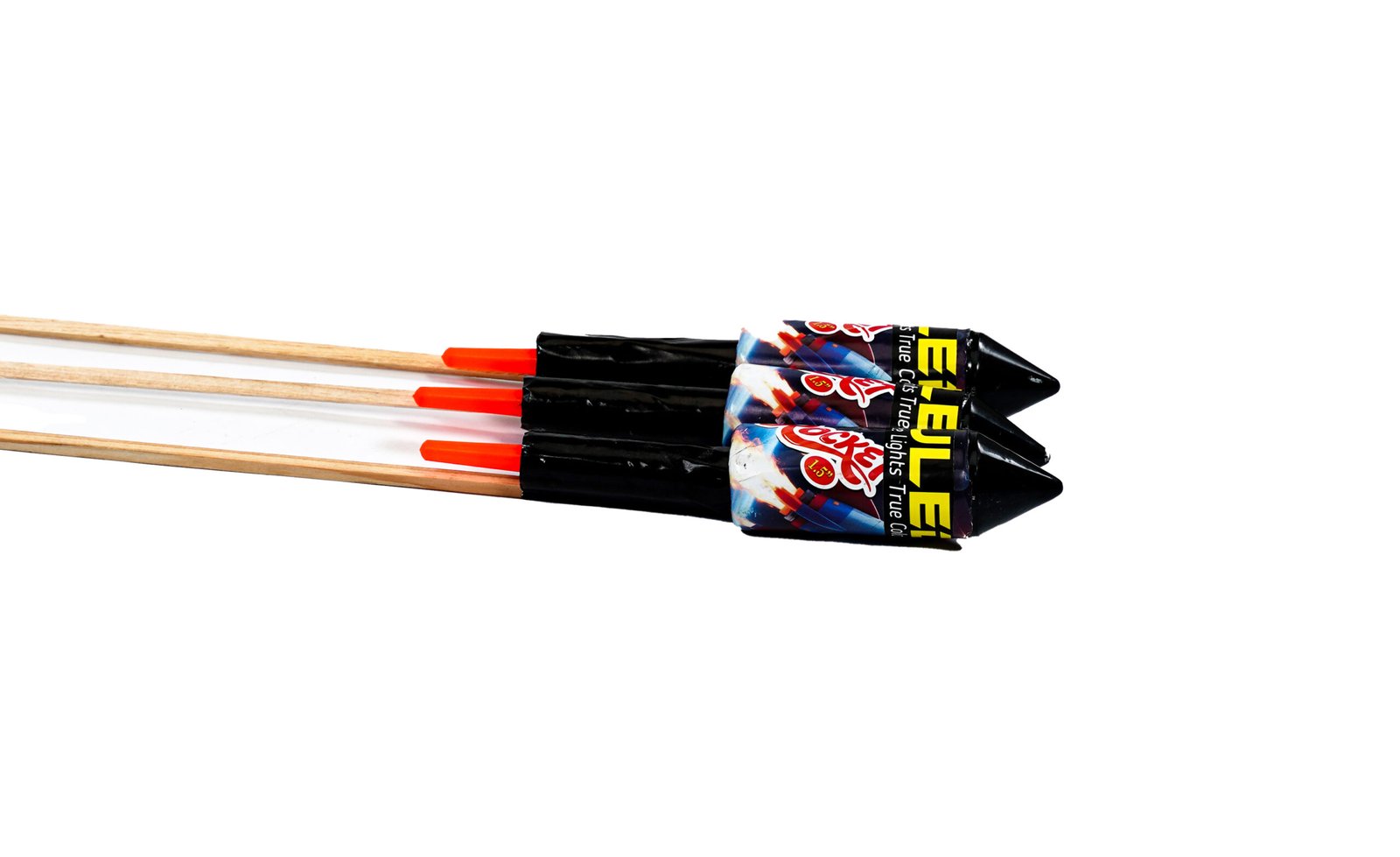 Three black-wrapped rocket fireworks with orange tips and wooden sticks, laid diagonally on a white background.