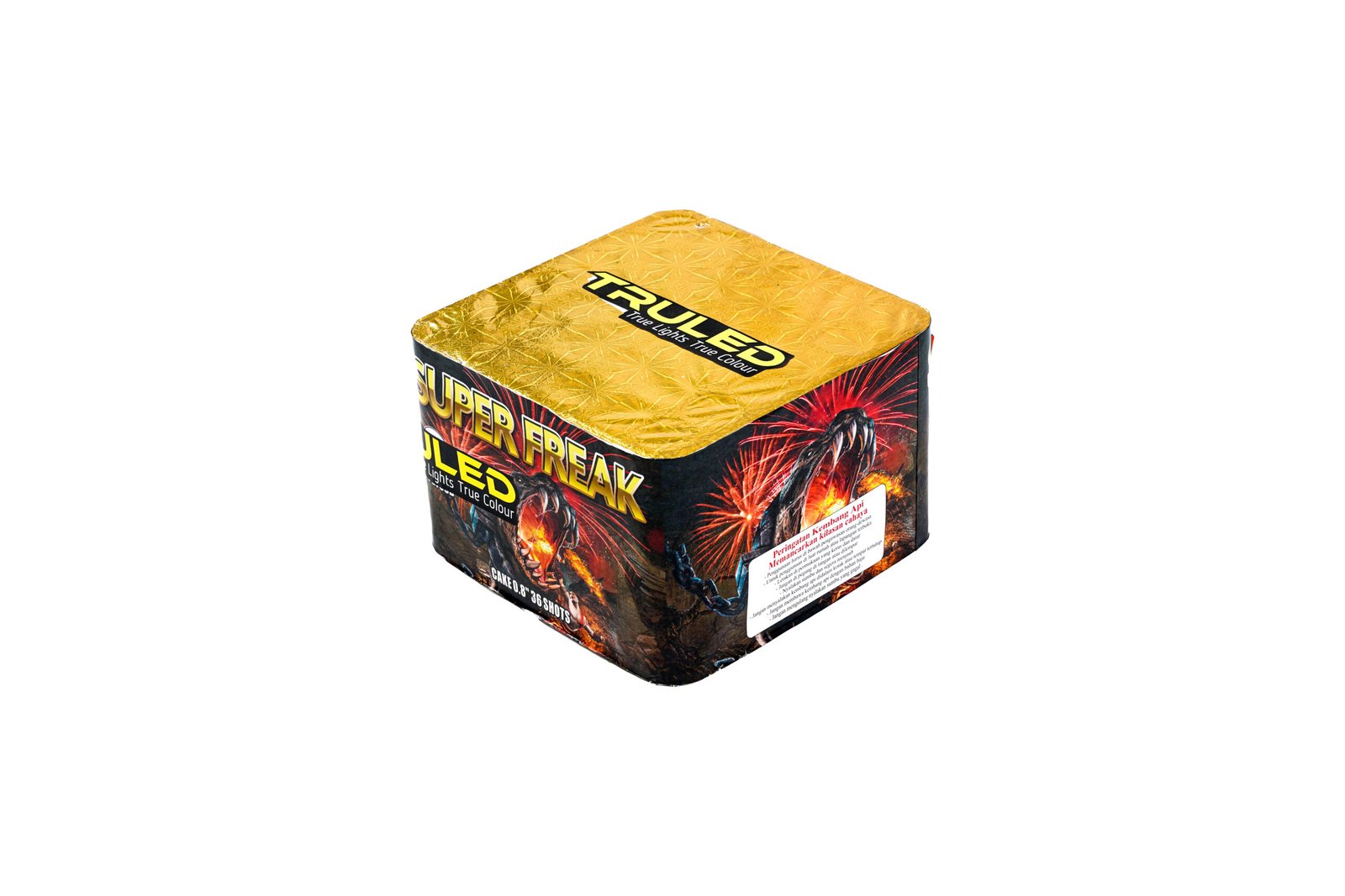 Gold-top fireworks box with bold red-and-black artwork and 'Super Freak' branding, advertising true lights and true colour.