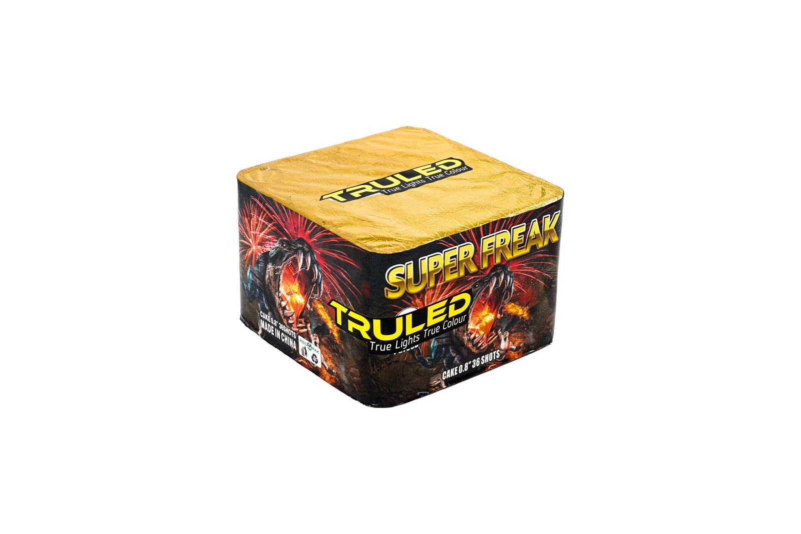 Box of fireworks labeled 'True Colour' with artwork showing a fiery monster and the words 'SUPER FREAK' on the side; gold top with patterned texture.