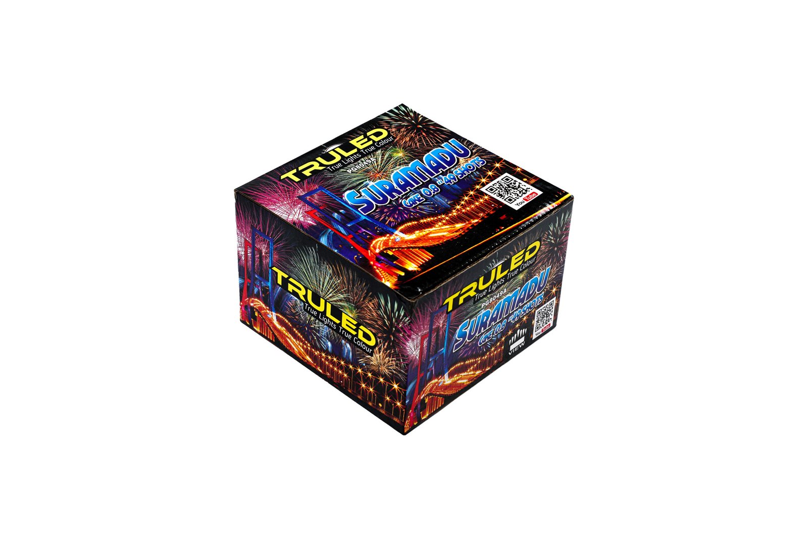Bright, colorful fireworks box with bold text and a QR code on the side; displays festive firework graphics on black packaging.