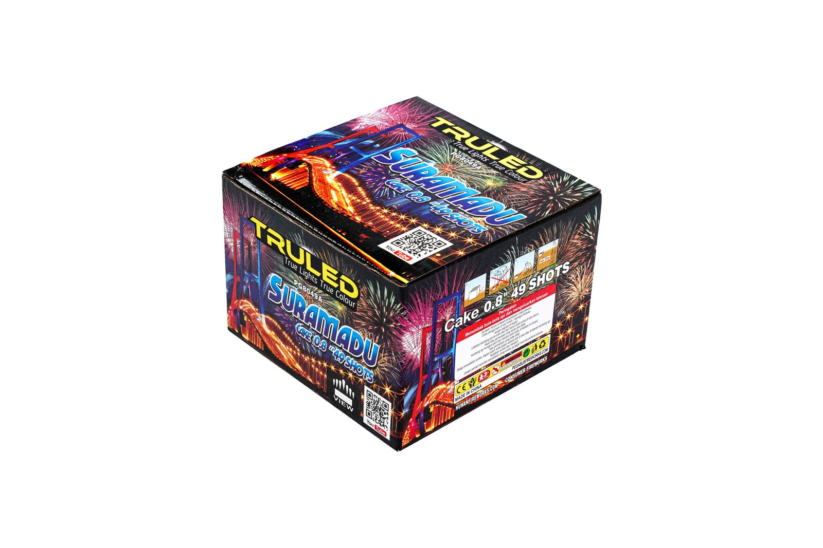 Colorful fireworks-themed box with bold TRU-LED branding and fireworks graphics, showing “49 SHOTS” on the side (includes a QR code).