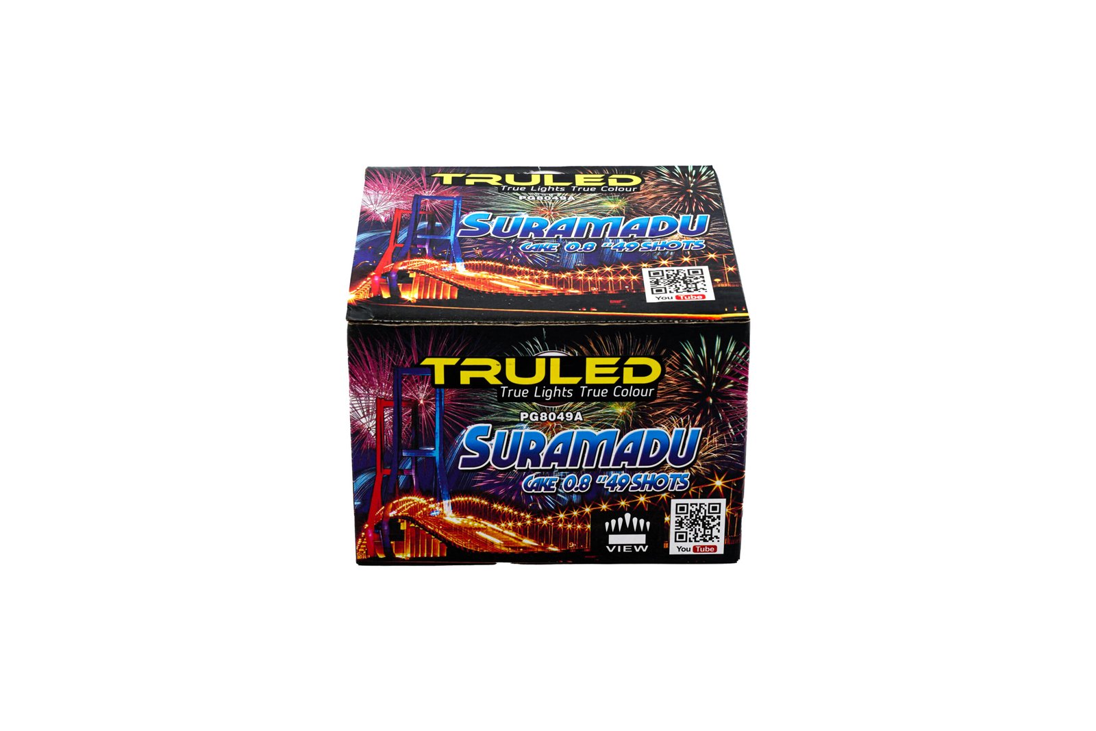 Colorful fireworks box packaging featuring 'SURAMADU' and fireworks illustration, with a QR code visible on the front.