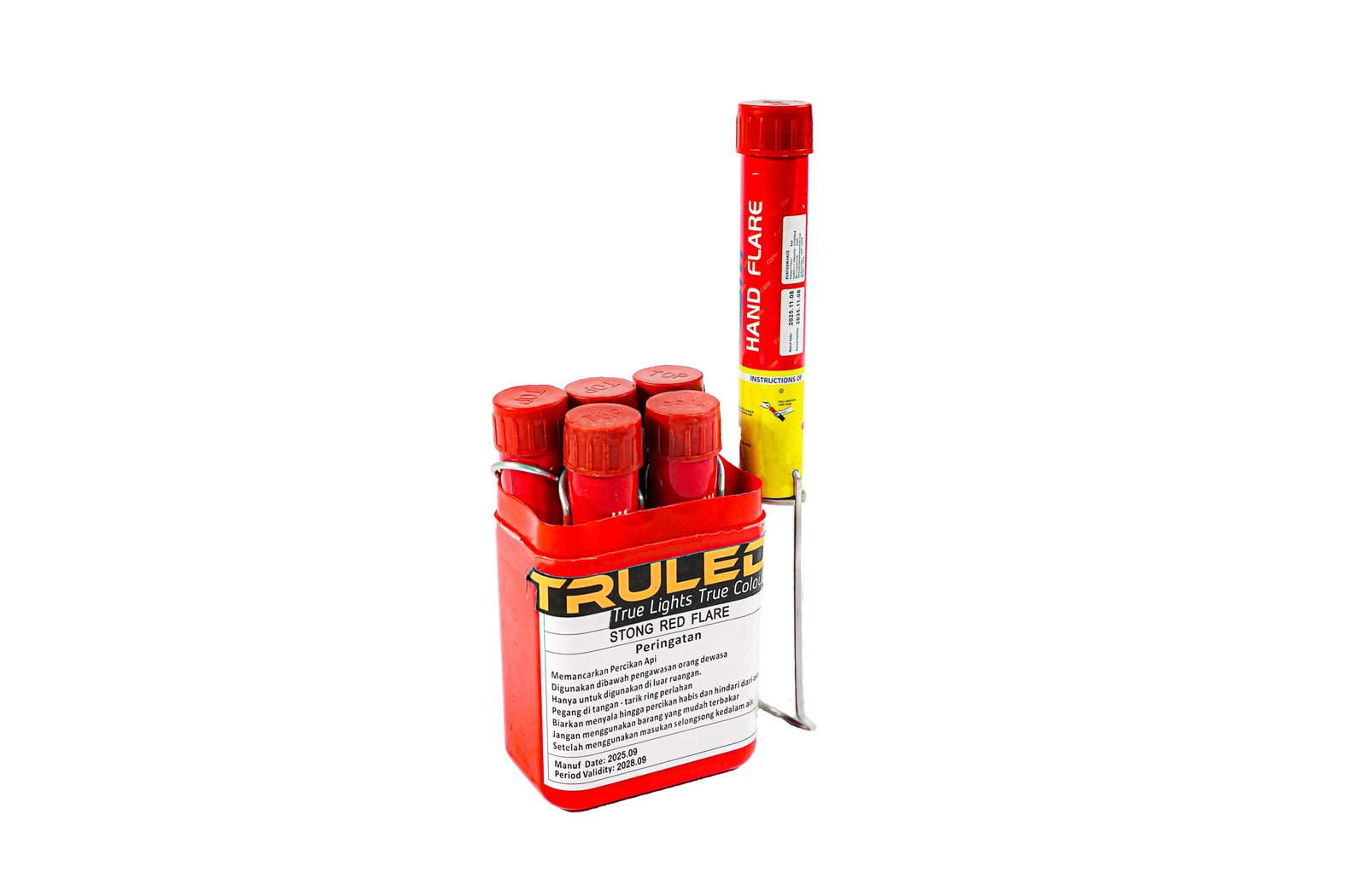 Red emergency flare set with multiple small red caps in a red carrier and a tall upright flare tube labeled 'Hand Flare'