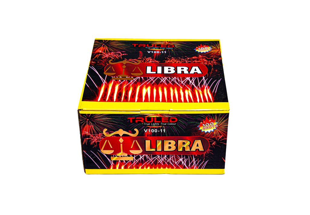 Box of Libra fireworks with bright yellow edges and a red LIBRA logo amid fiery graphics.