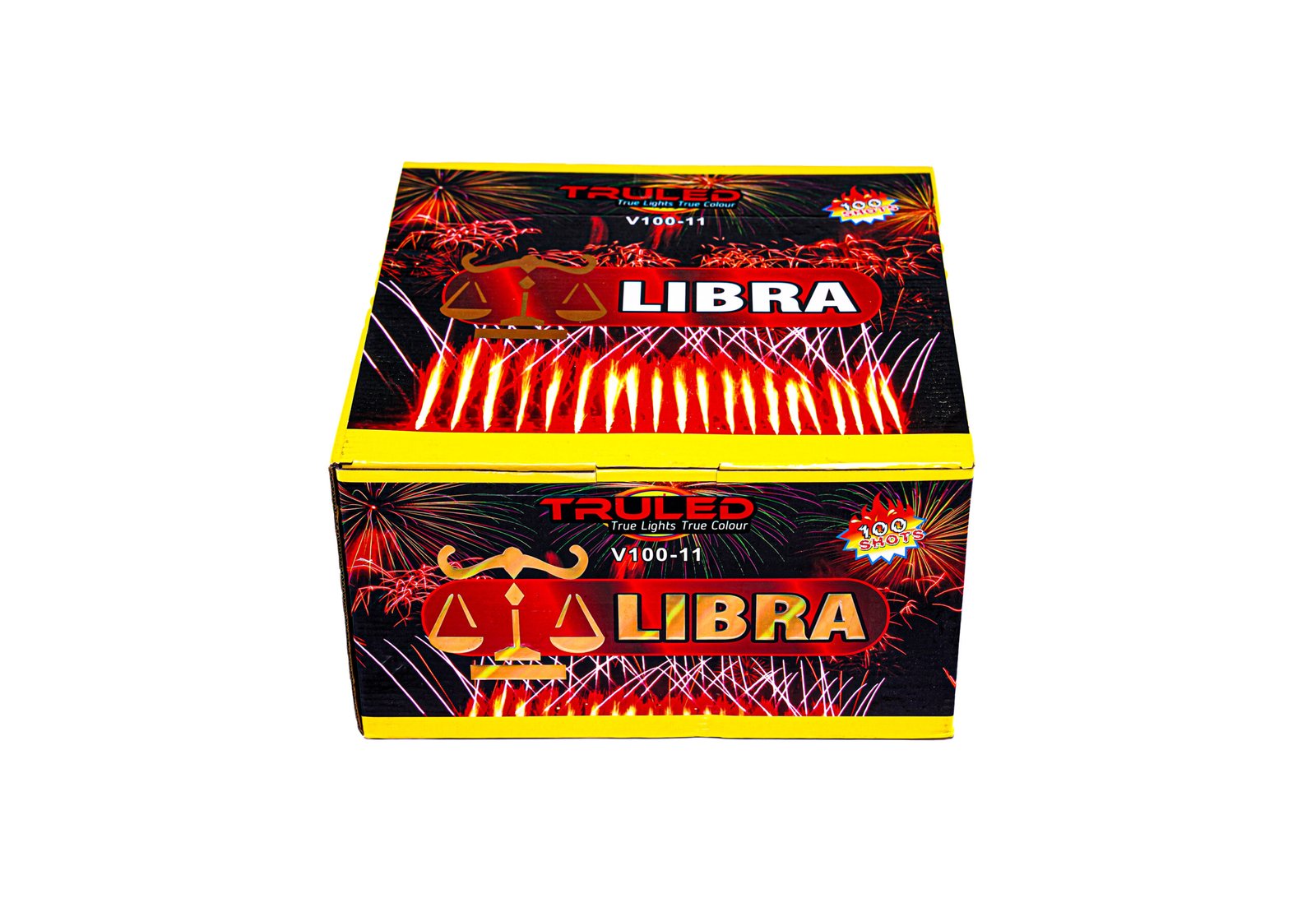 Box of Libra fireworks with bright yellow edges and a red LIBRA logo amid fiery graphics.
