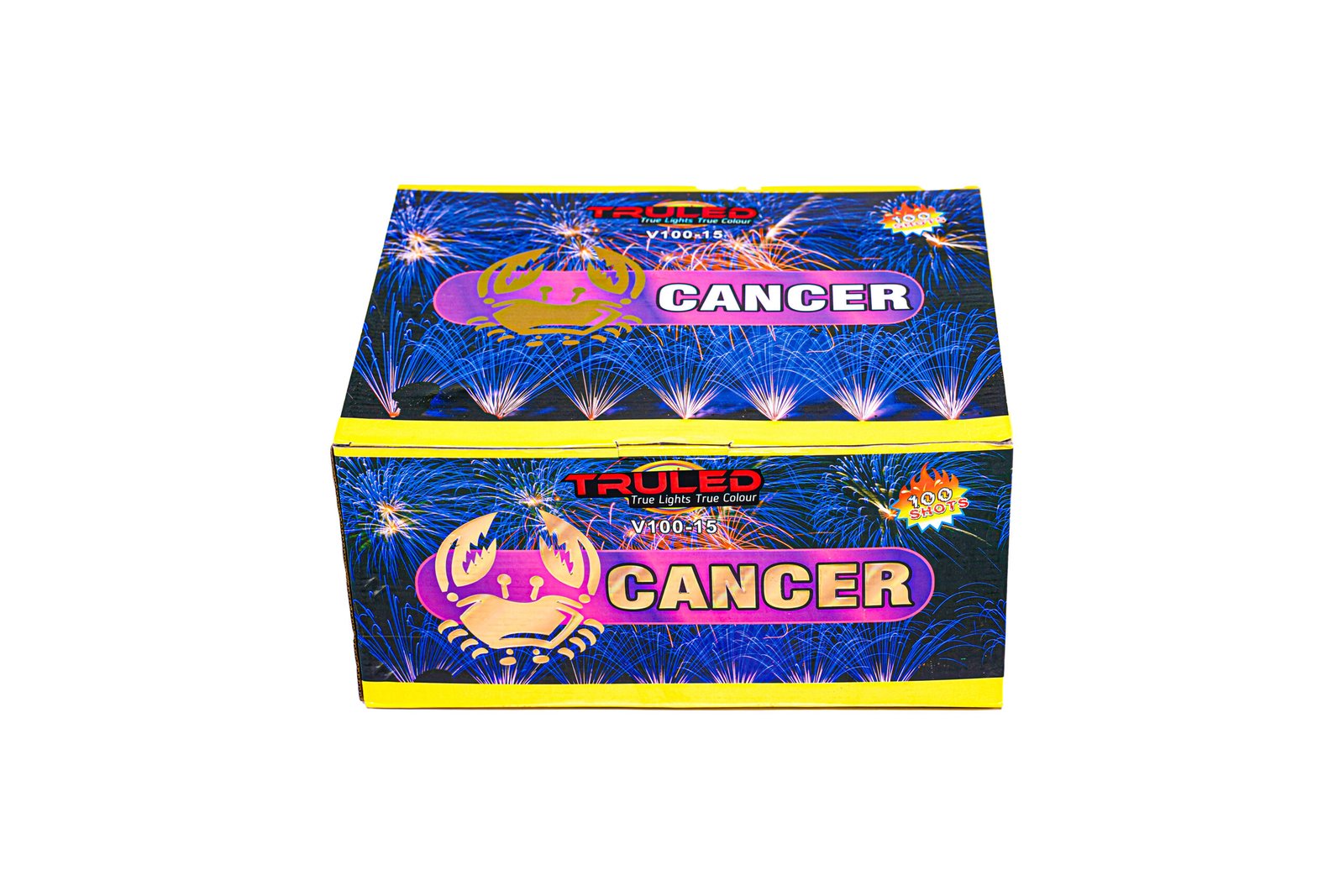 Bright fireworks box with blue bursts and a pink Cancer label featuring a crab logo, yellow trim.