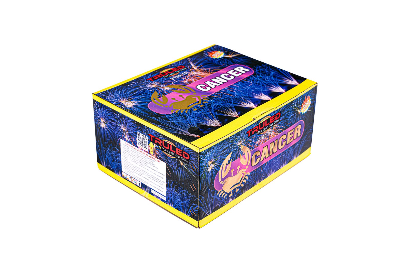 Colorful fireworks-themed box with yellow edges, showing a pink 'CANCER' label across the top.