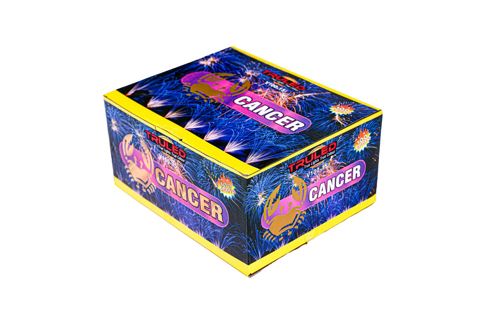 Bright fireworks-patterned box with yellow trim and large pink 'CANCER' label on top surface.
