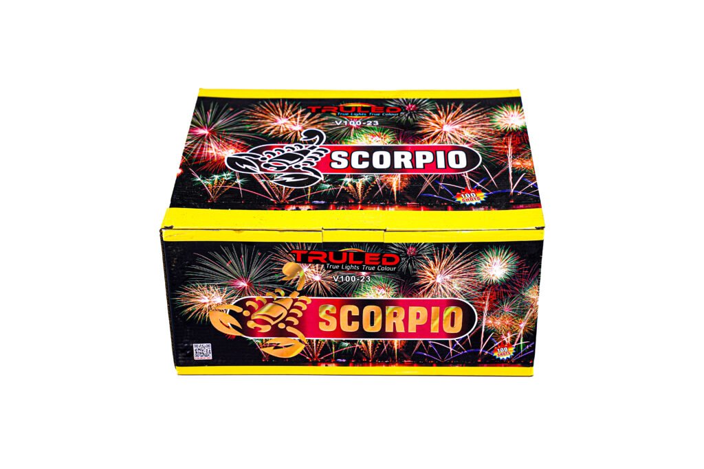 Fireworks box with a Scorpio branding and colorful explosion graphics on a black/yellow package graphic.