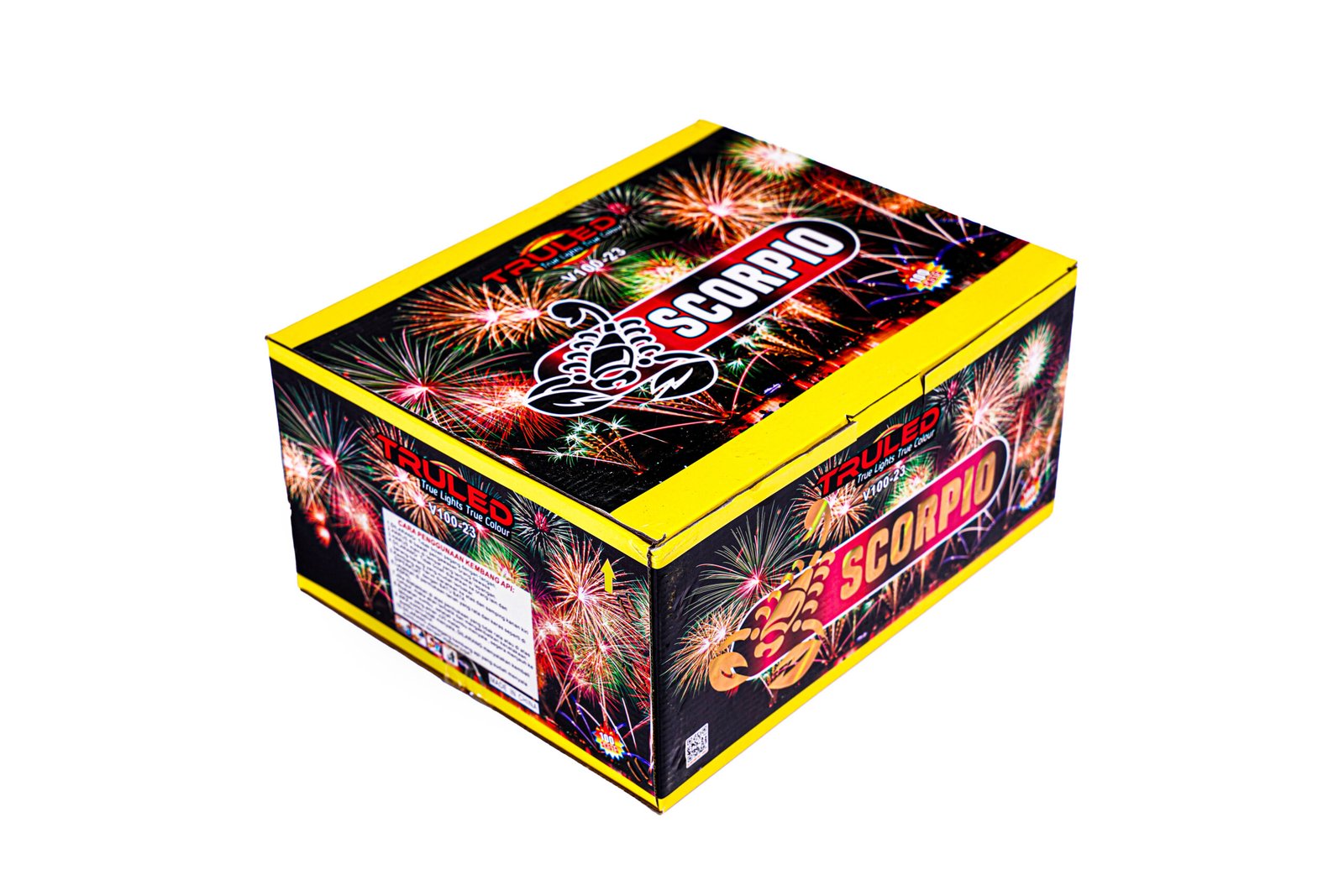 Colorful fireworks box with yellow edges and the word Scorpio on the front, showing bright burst graphics.
