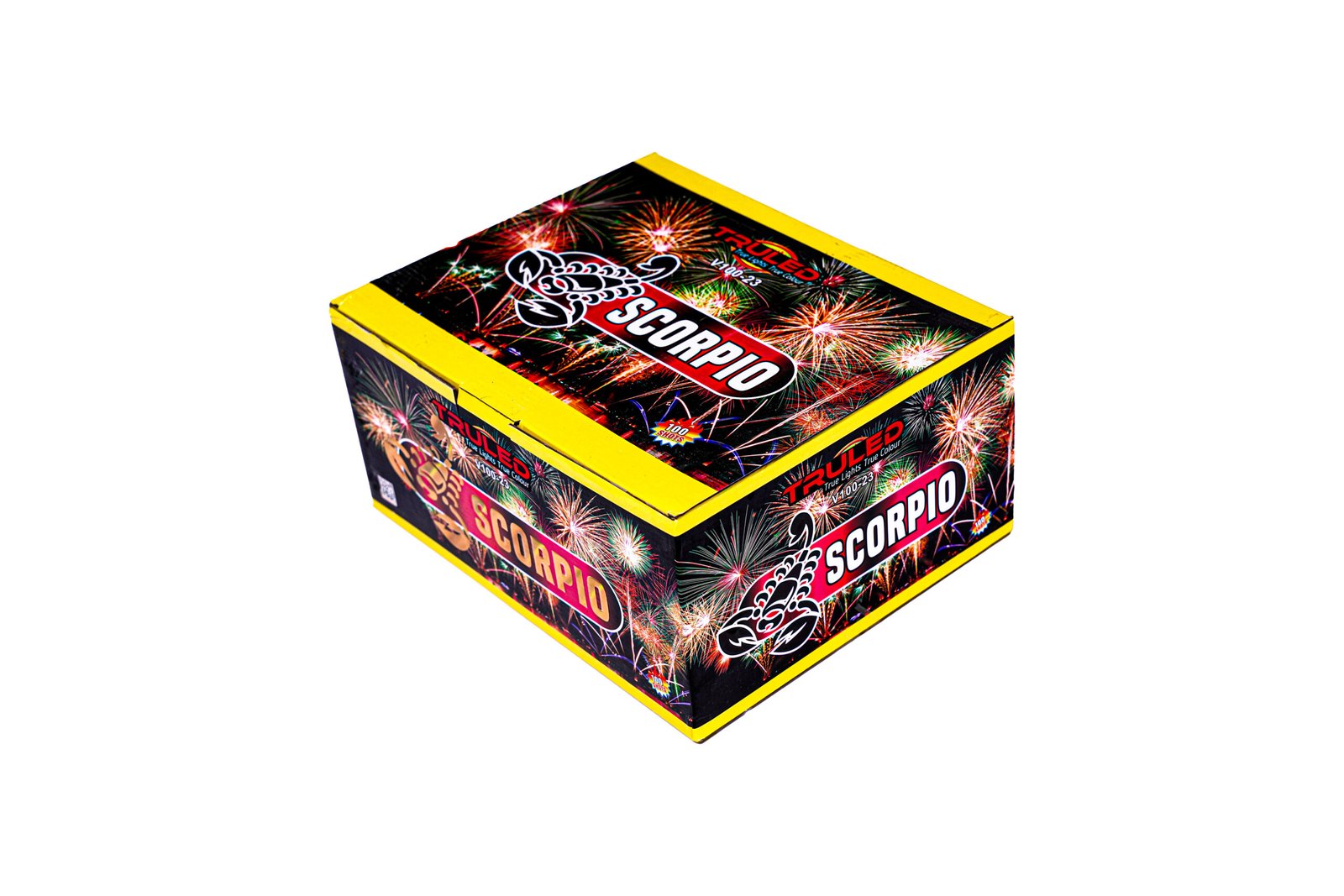 Colorful Scorpio fireworks box with yellow edges and fireworks artwork on a black background.