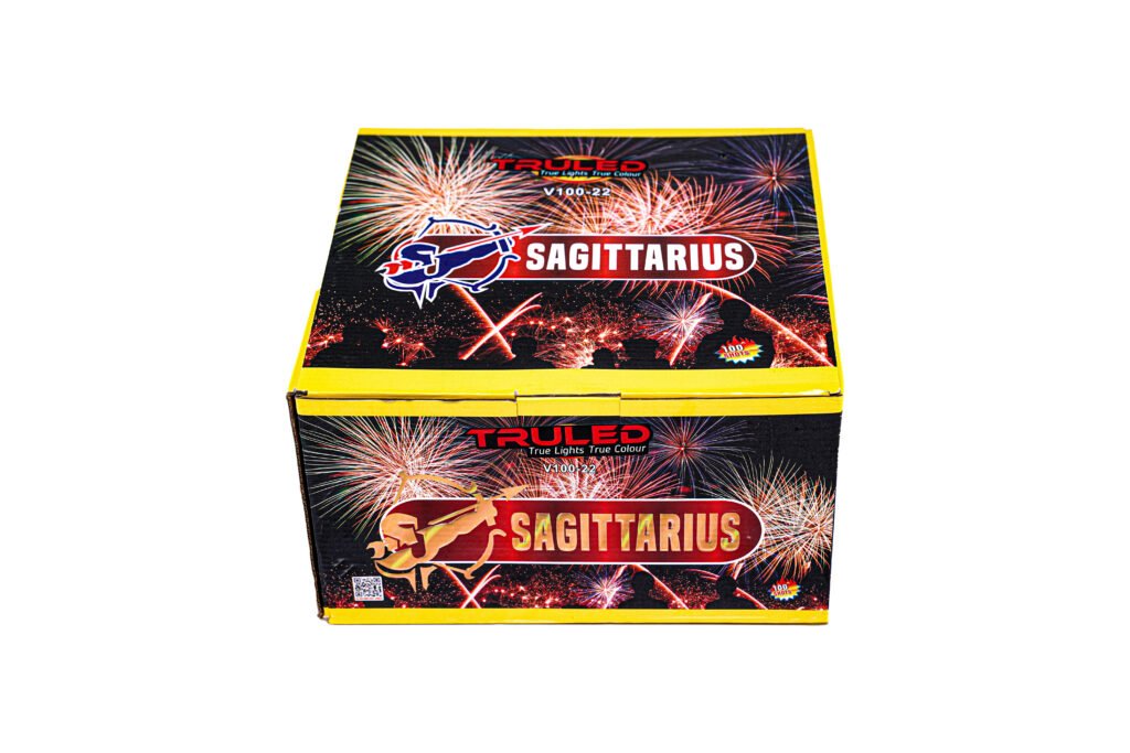 Box of fireworks labeled Sagittarius with bright fireworks graphics on black and yellow packaging, model V100-22 in view