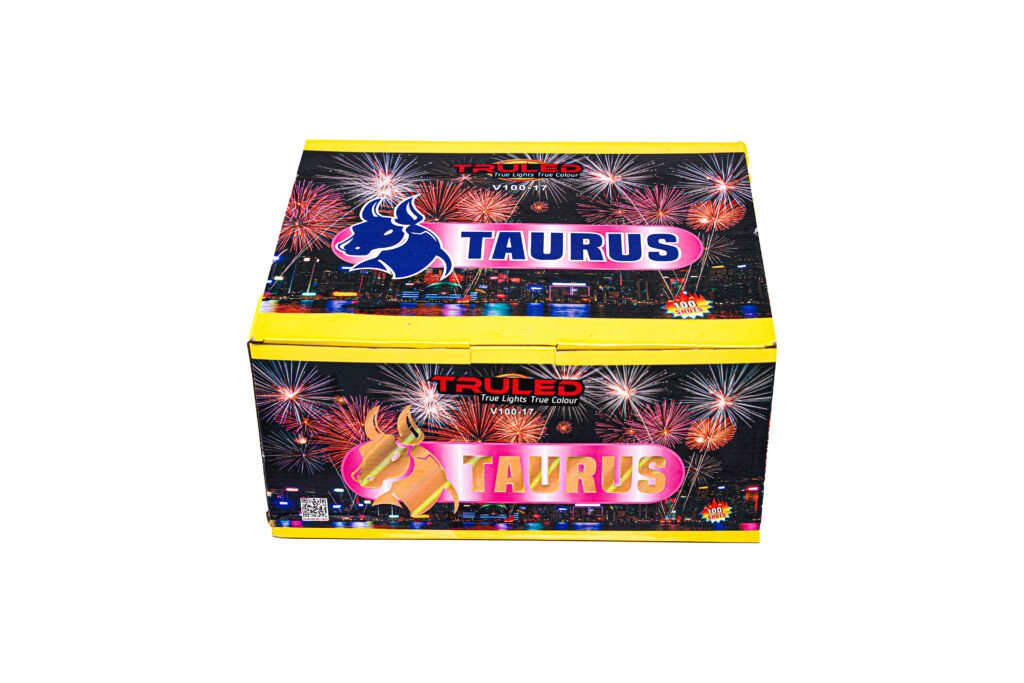 Colorful Taurus fireworks box with a blue bull logo and fireworks in the background.