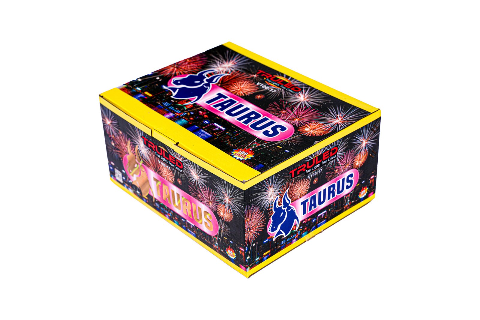 Yellow-edged fireworks box with TAURUS branding and colorful fireworks graphics on the lid, featuring a blue Taurus logo.