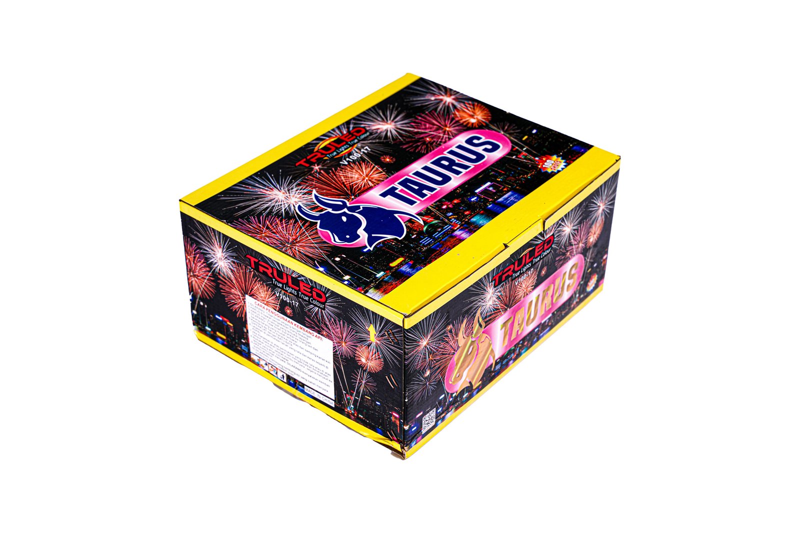 Colorful fireworks box labeled Taurus with a blue bull logo and yellow edges, showing city skyline graphics.