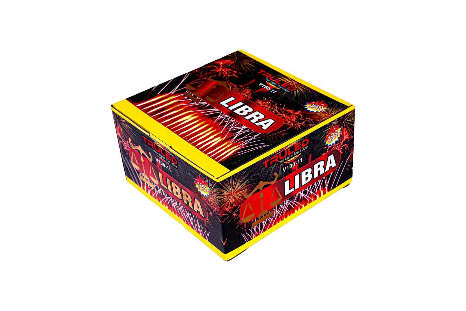 Colorful Libra fireworks box with bright yellow edges and celebratory firework graphics