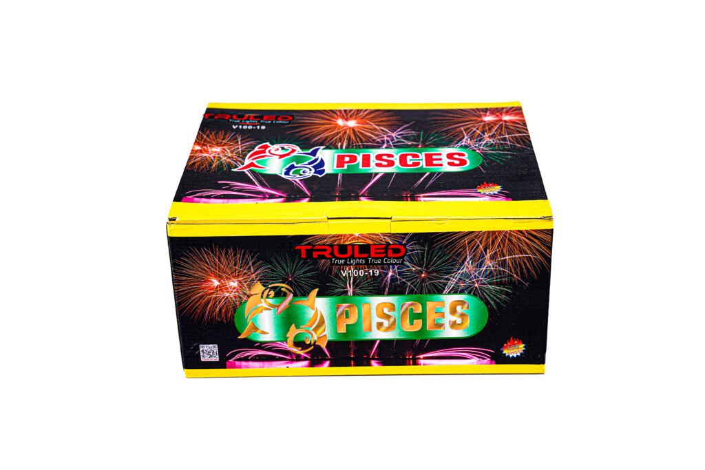 Box of fireworks with a bright yellow border and a fireswork design, prominently labeled 'PISCES' on the front.