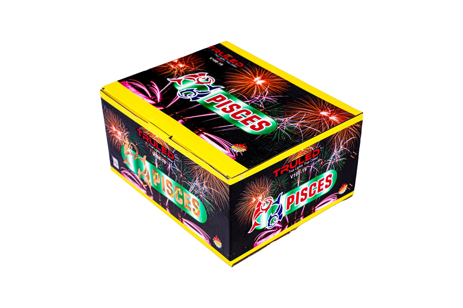 Fireworks box with bright yellow edges and 'PISCES' branding, fireworks graphics across the packaging.
