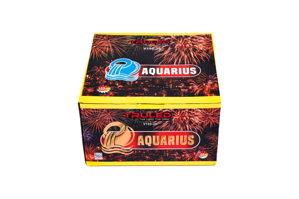 Fireworks box with Aquarius branding and bright rocket fireworks artwork on a black background, yellow border.