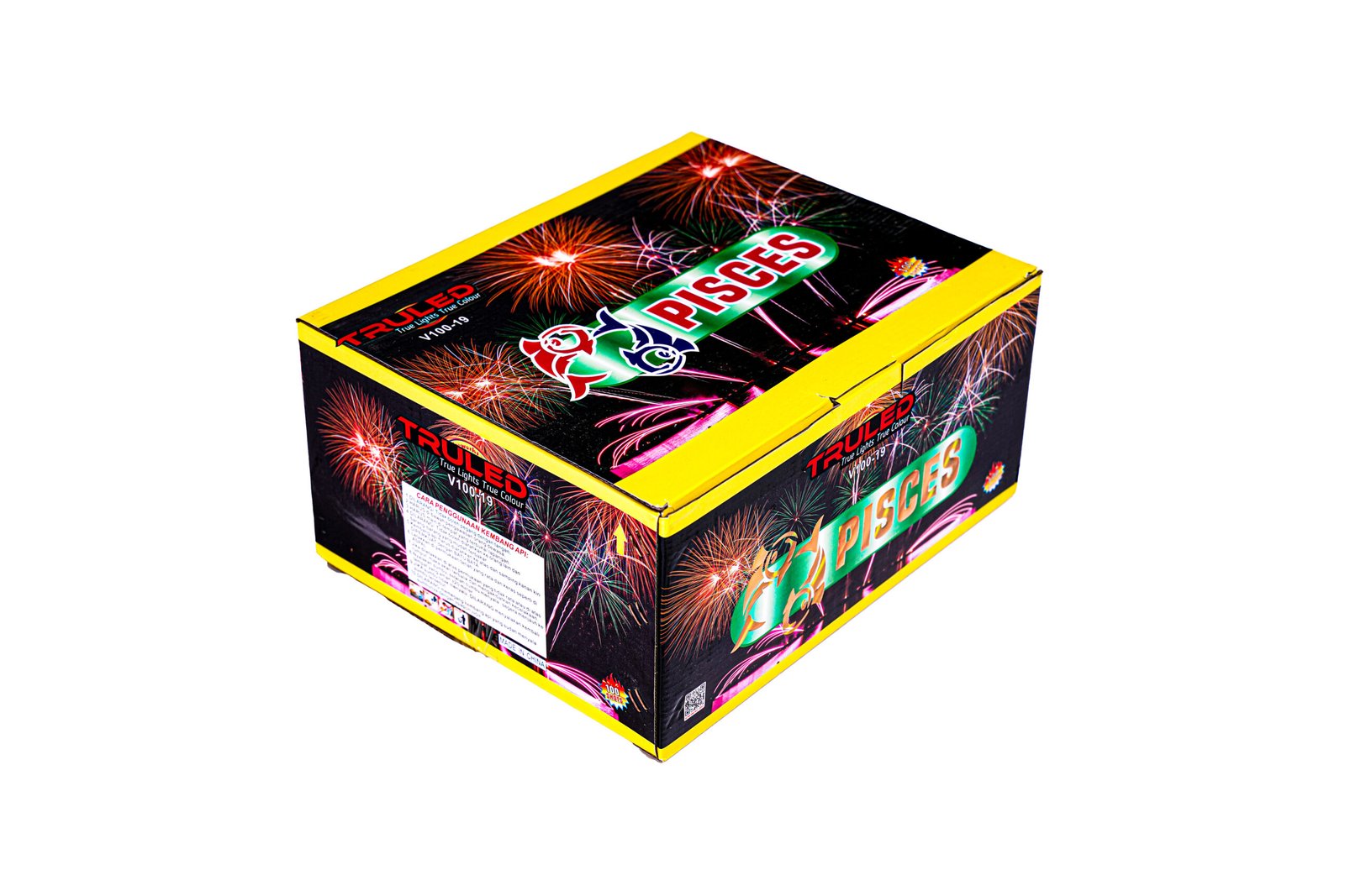 Box of fireworks with bright yellow edges and fireworks graphics on a dark background","Colorful fireworks packaging featuring bursts of red, green and gold on a black box with yellow borders","A rectangular fireworks carton with yellow borders and images of fireworks on the surface","Product packaging for fireworks showing celebratory bursts and bold colors","Fireworks display box designed for outdoor celebration with vivid graphics and yellow trim