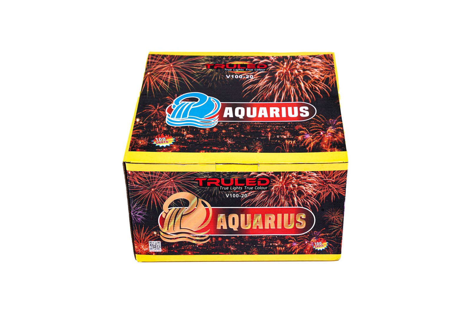 Fireworks box with Aquarius branding and bright rocket fireworks artwork on a black background, yellow border.