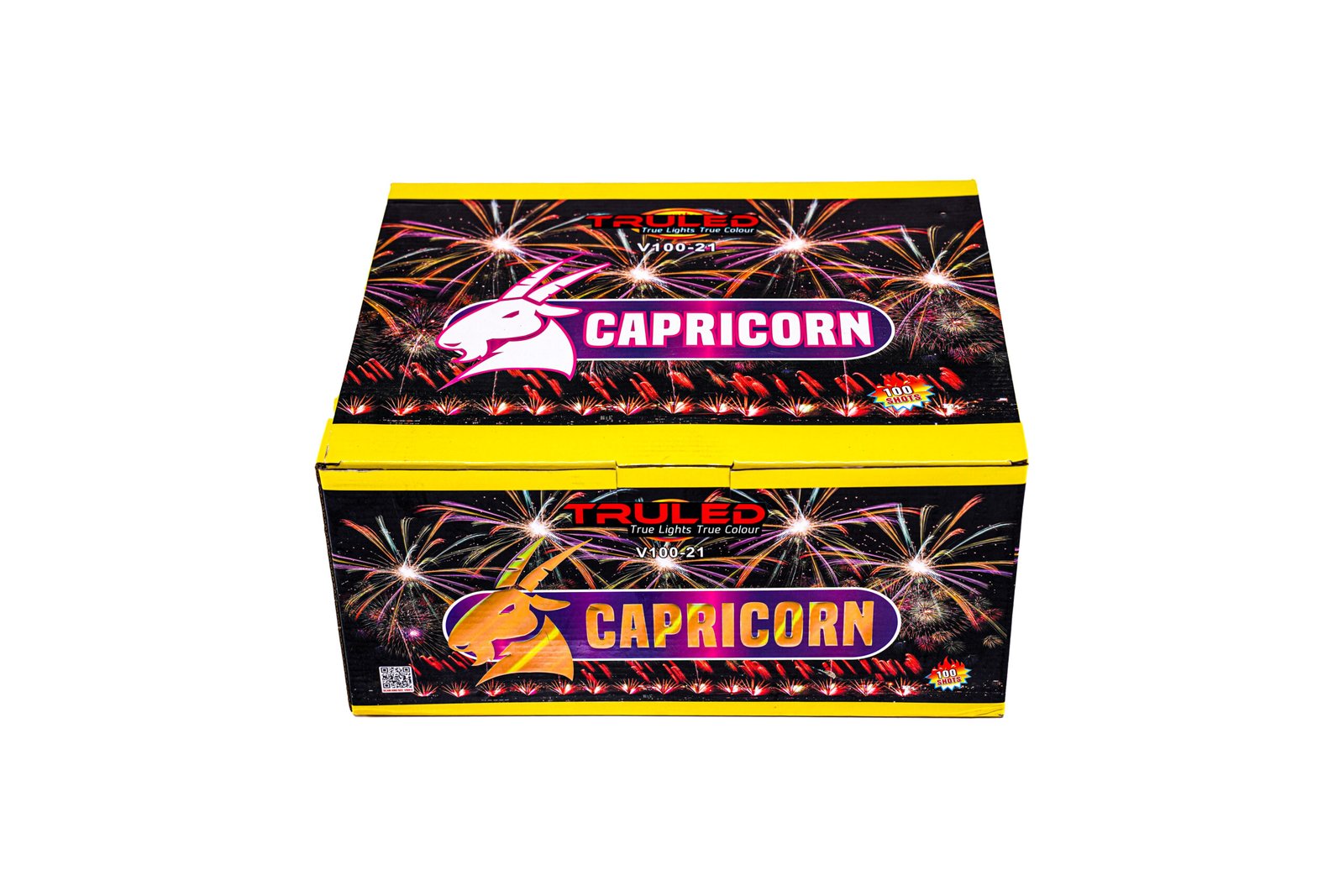 Colorful fireworks box with yellow edges and Capricorn branding