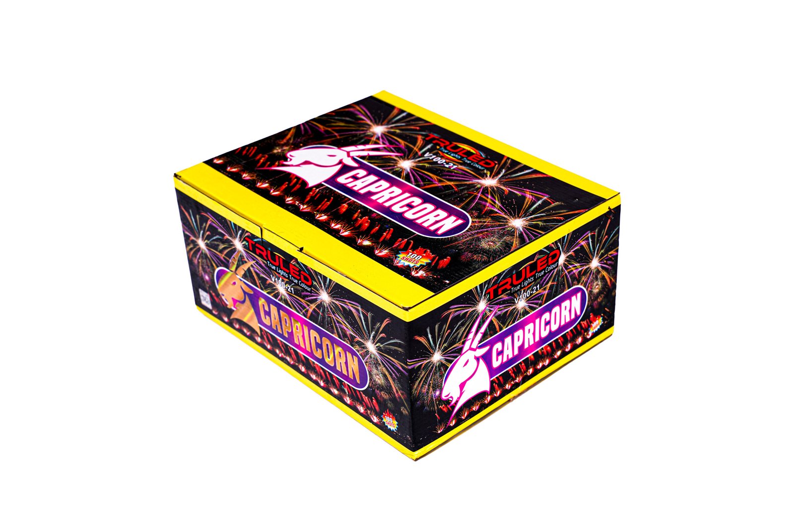 Yellow-bordered fireworks box with colorful firework graphics and 'CAPRICORN' branding, tilted diagonally.