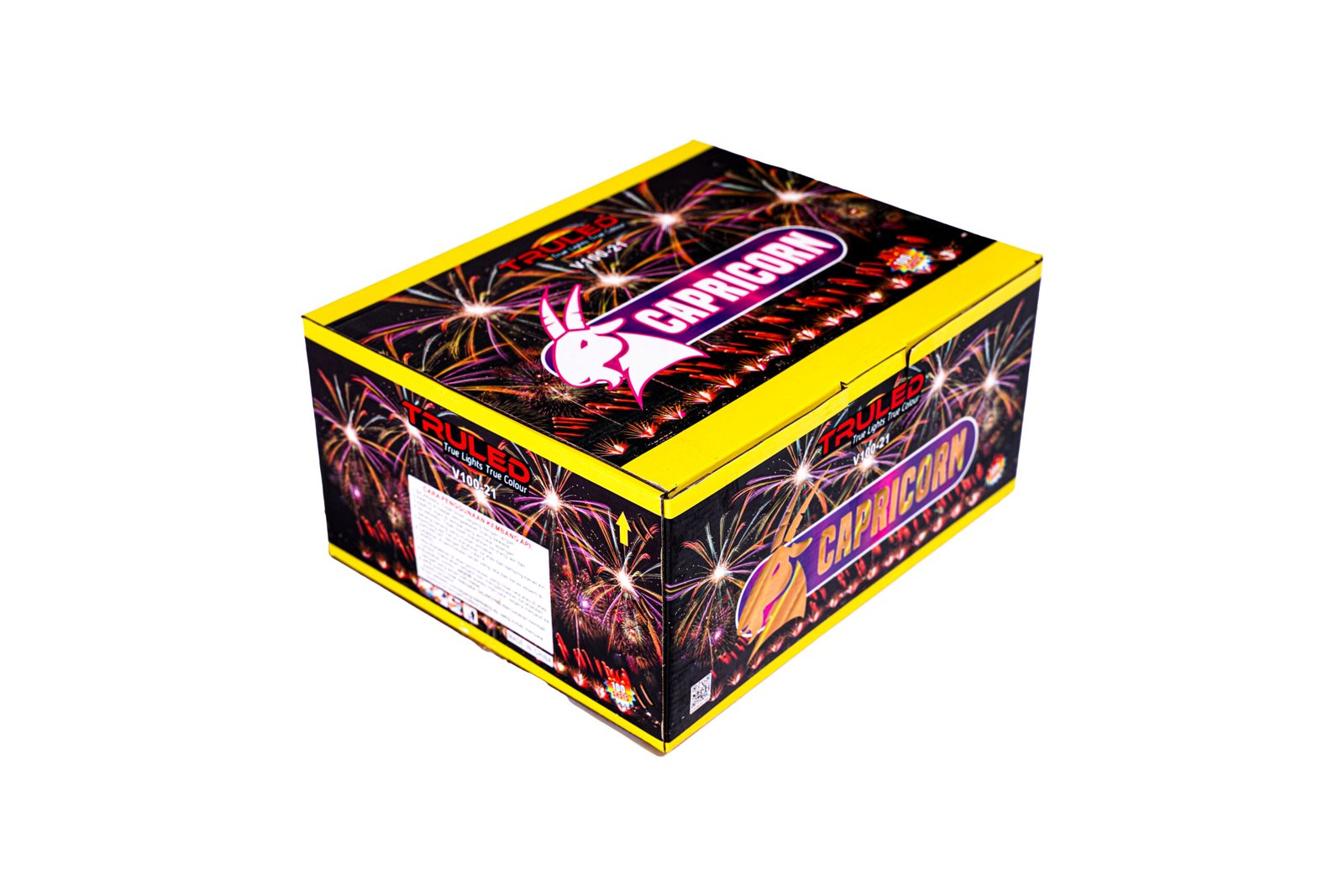 Colorful fireworks box with bright yellow edges and a Capricorn logo on the black background.