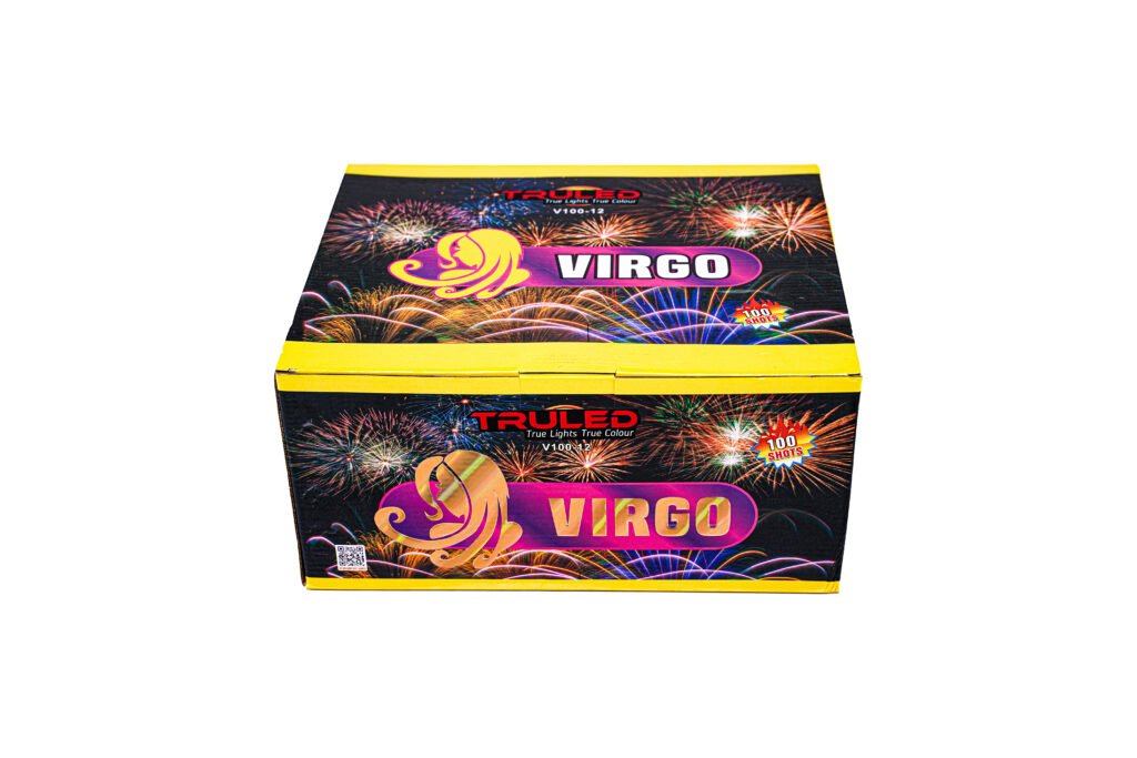 Box of Virgo fireworks with colorful bursts and a yellow trim, labeled 100 shots