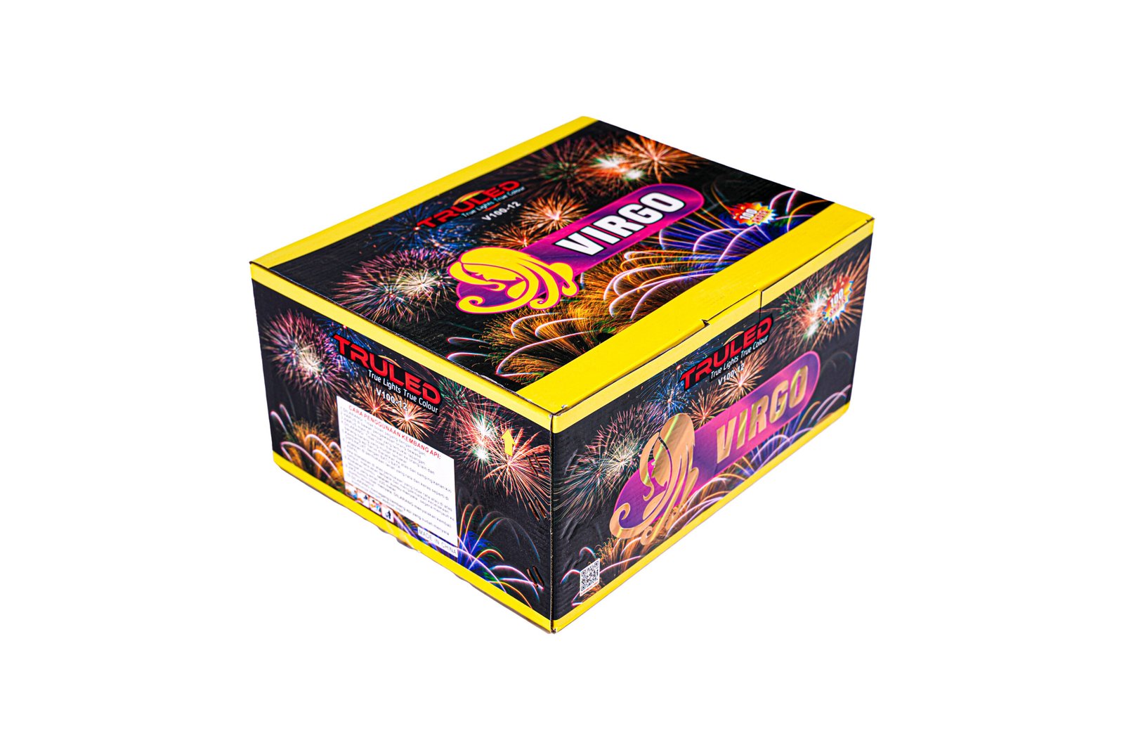 Fireworks gift box with bright fireworks graphics and yellow trim, labeled Virgo on the lid.