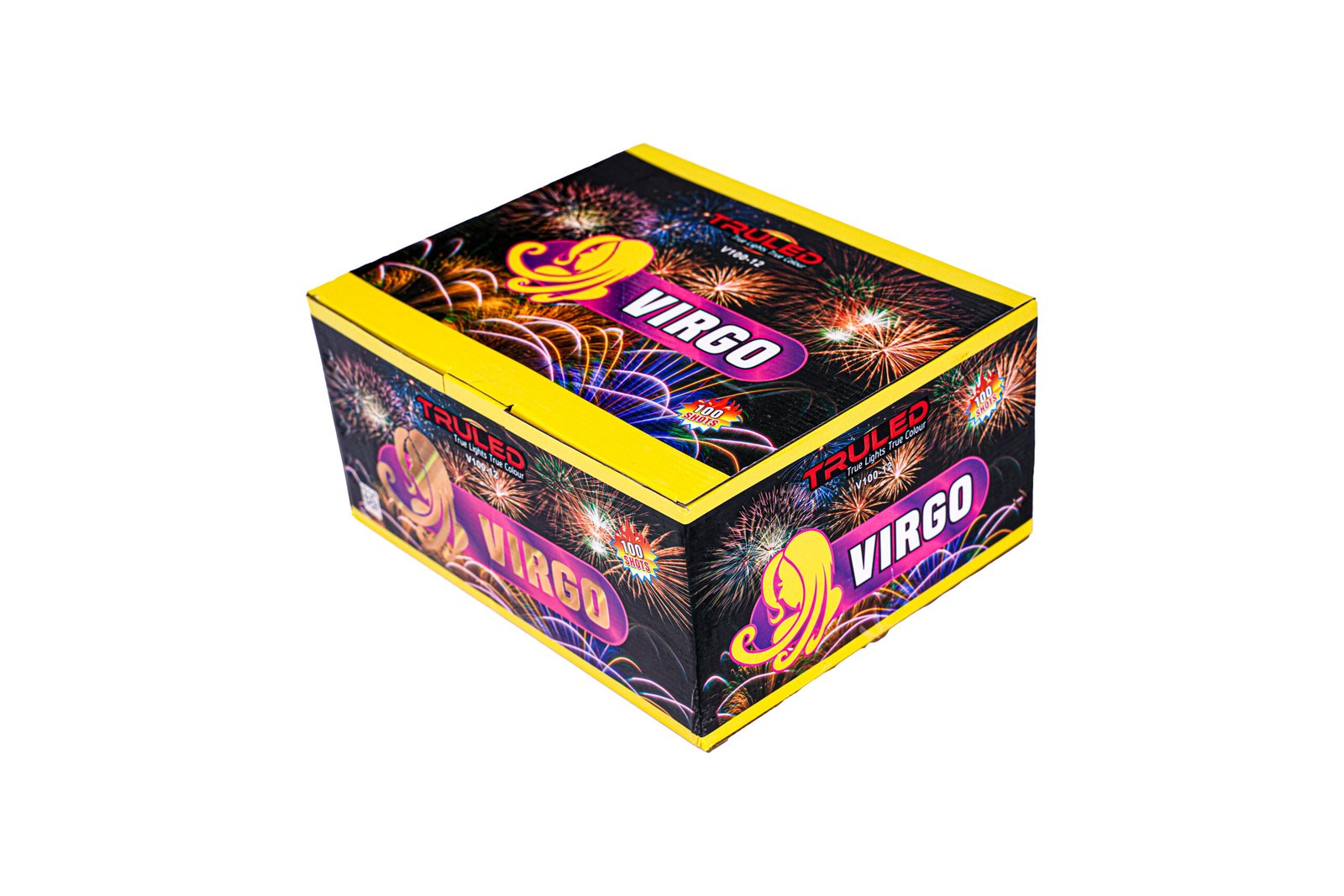 Colorful Virgo fireworks box with yellow trim, fireworks graphics, and the bold VIRGO label.