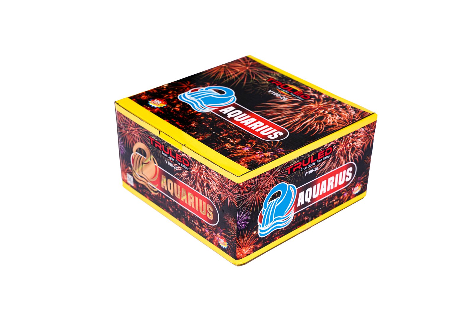 Colorful Aquarius fireworks box with bright fireworks graphics and a yellow border on a white background.