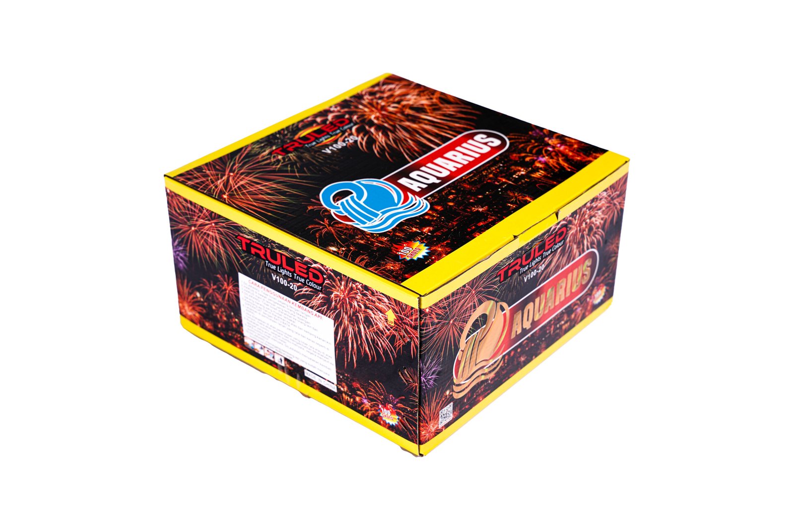 Box of fireworks with bright yellow edges and a dark background filled with colorful fireworks graphics, labeled Aquarius/TruLED.