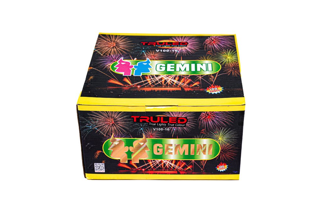 Box of Gemini fireworks packaging with colorful fireworks graphics and the word GEMINI prominently displayed
