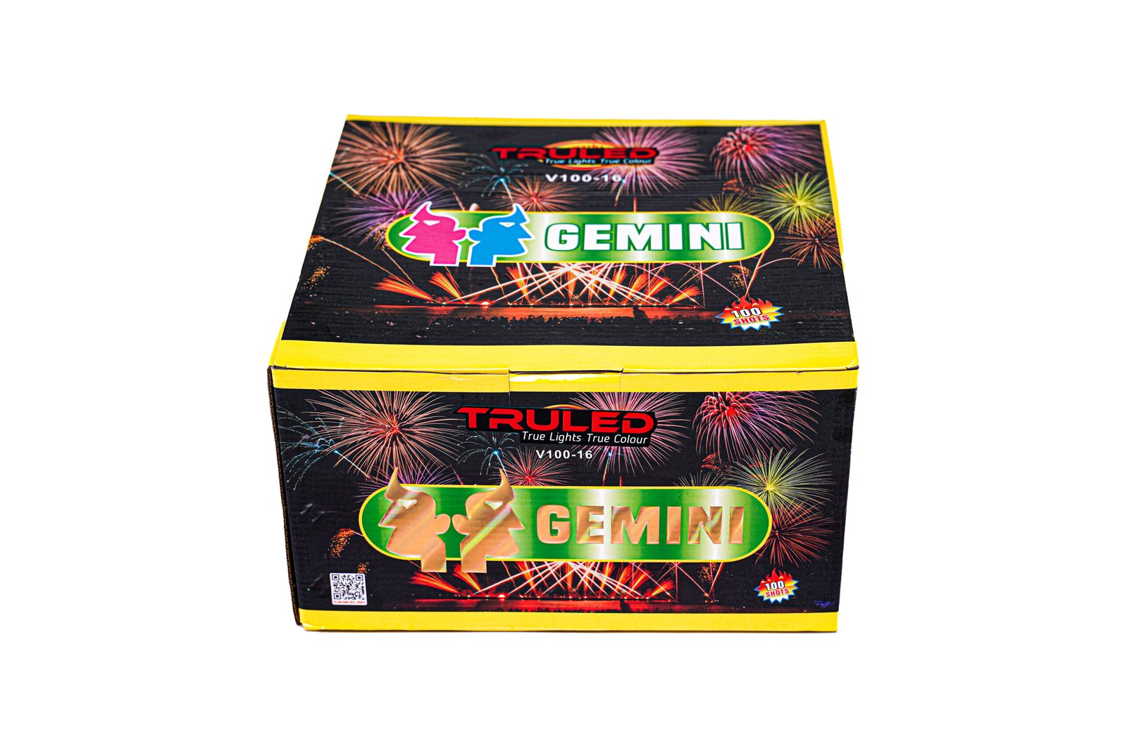 Box of Gemini fireworks packaging with colorful fireworks graphics and the word GEMINI prominently displayed