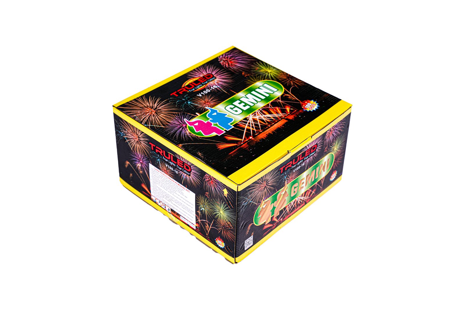 Box of fireworks with colorful burst graphics and a yellow trim, prominently labeled 'GEMINI' on the lid