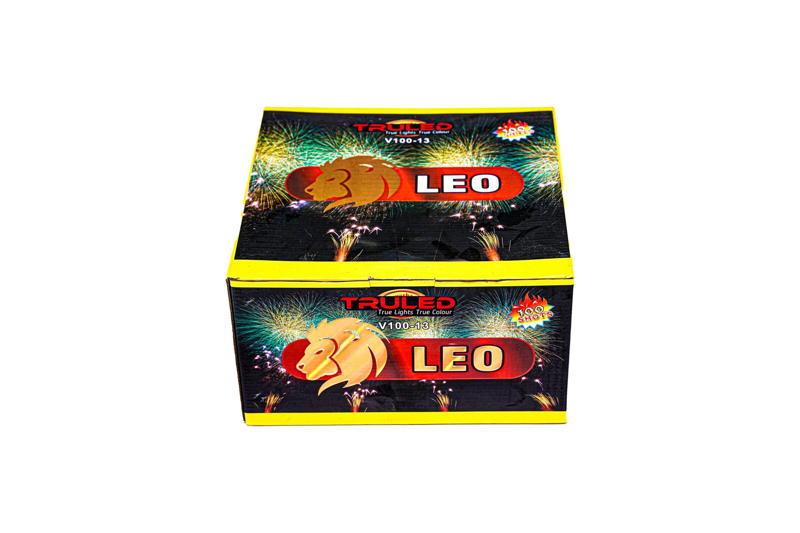 Fireworks box with a lion logo and colorful bursts against a black background and yellow trim, labeled LEO.