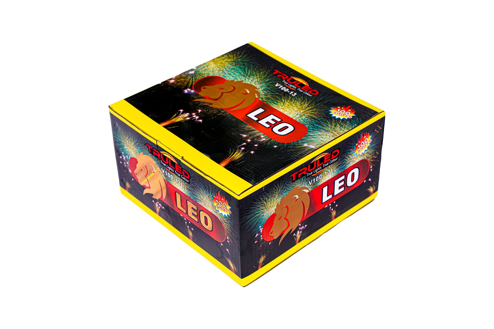 Fireworks-themed box labeled 'LEO' with bright yellow edges and colorful explosion graphics on a tilted perspective product shot.