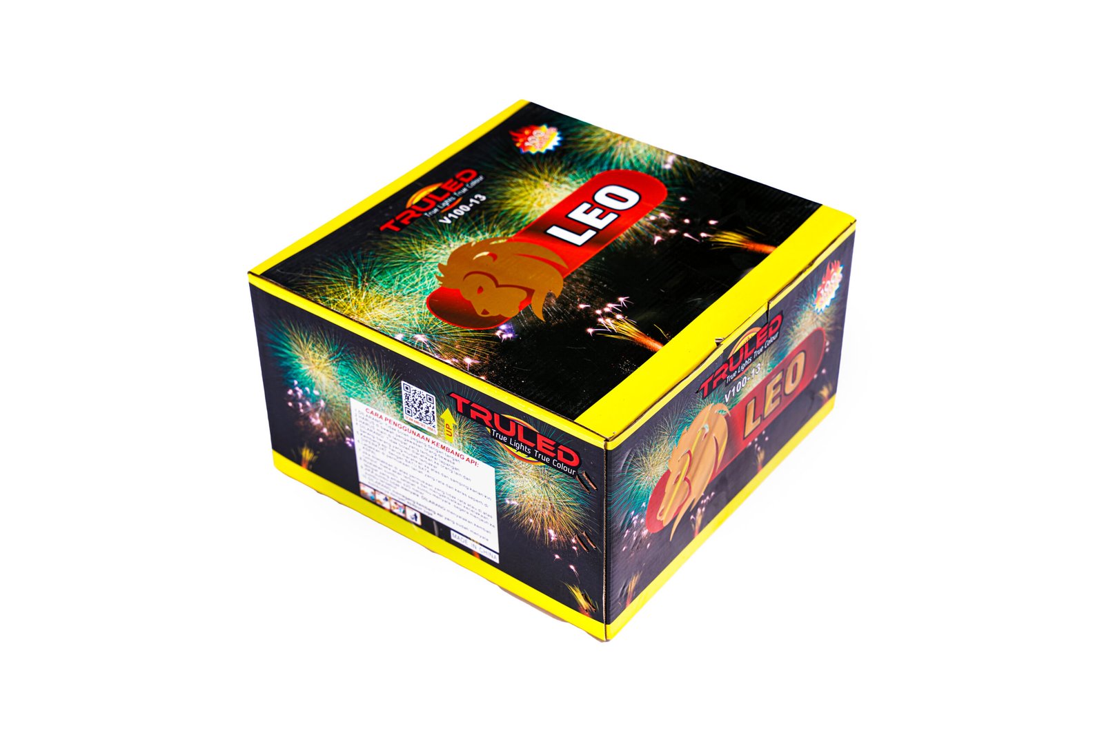 Box packaging for a fireworks product with bright yellow edges and colorful firework graphics, featuring large 'LED' lettering.