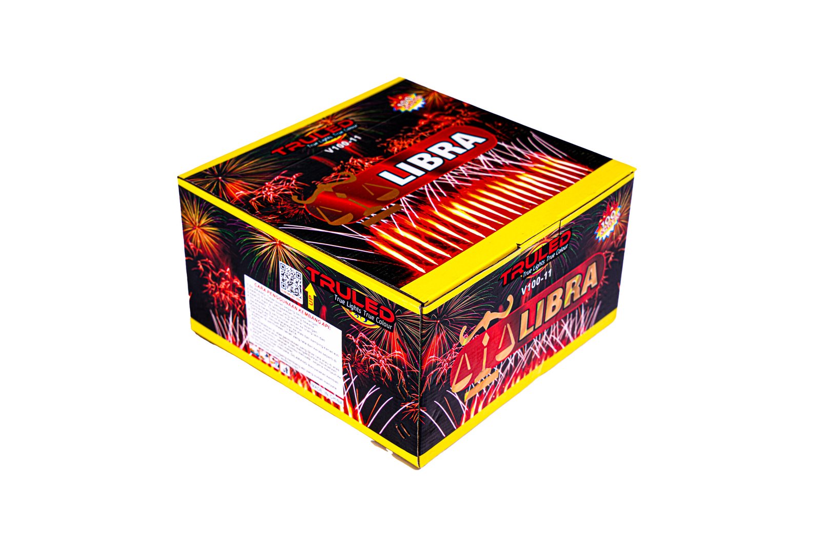Box of fireworks with bright red and yellow graphics and the word LIBRA on the lid, yellow trim visible