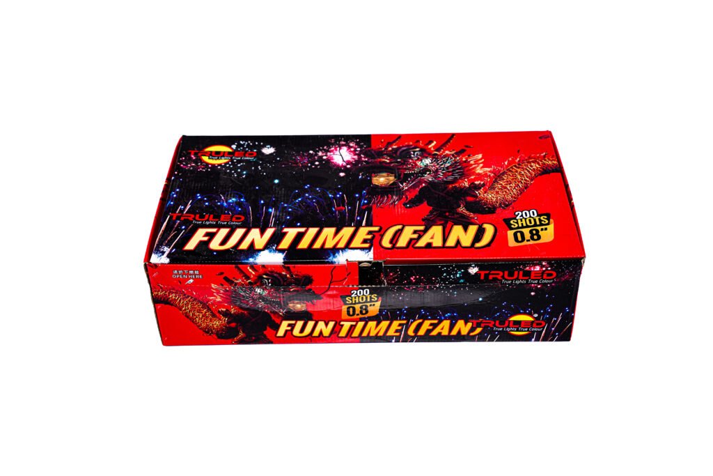 Packaging for a fireworks product: red and black box labeled 'Fun Time Fan' with a dragon illustration and '200 shots 0.8"' on the front.
