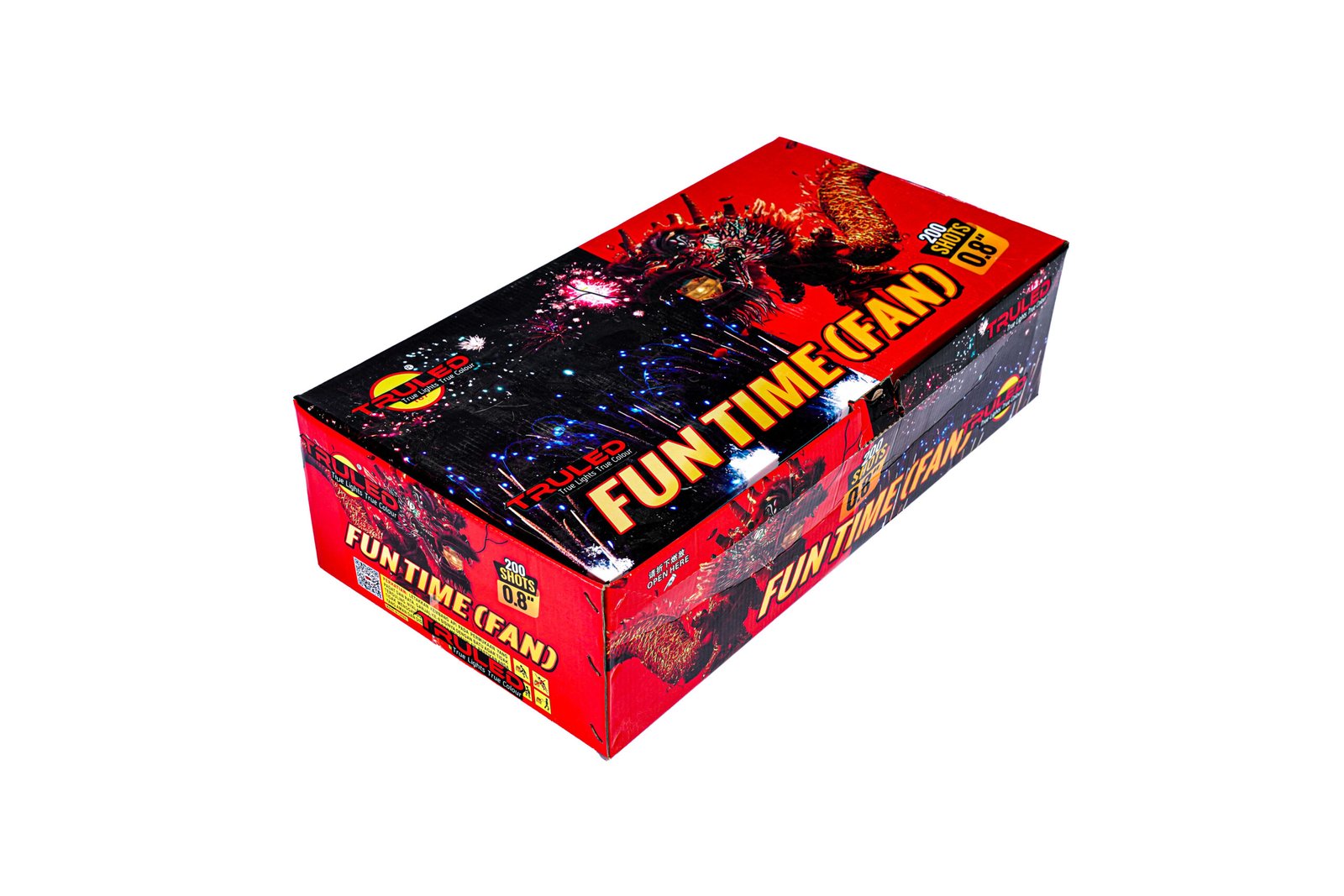 Red and black fireworks box diagonally oriented with 'FUN TIME' in large yellow letters and colorful burst graphics, on a white background in the corner of the image.