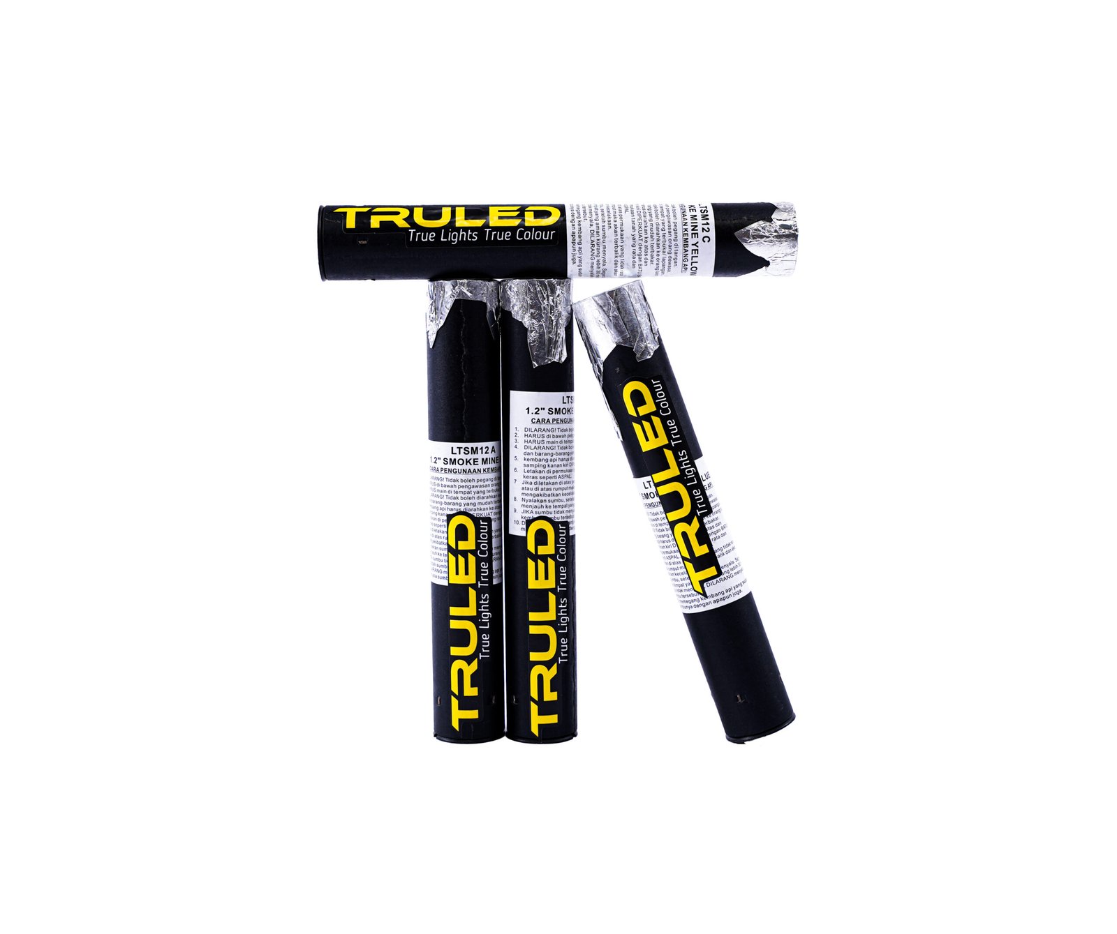 Cluster of black fireworks tubes with yellow 'TRUE Lights True Colour' branding tied together with foil-wrapped ends.