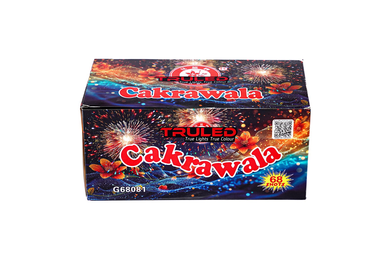Colorful fireworks-themed box labeled 'Cakrawala' by Triled, 68 shots included.
