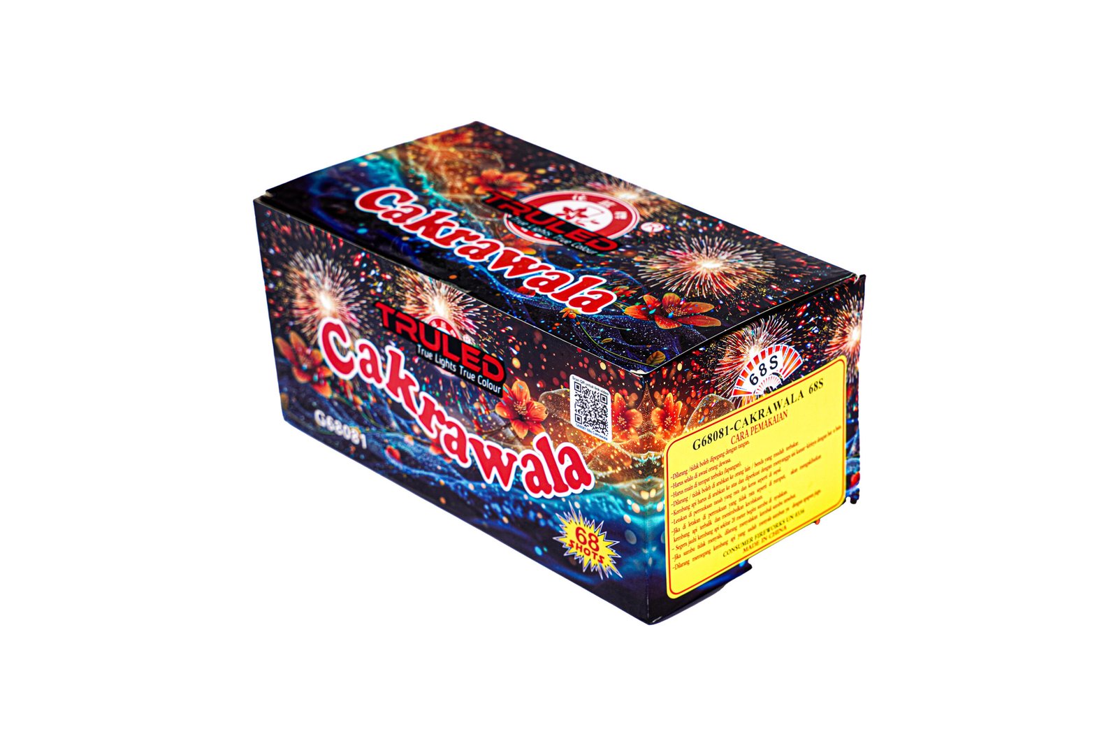 Colorful fireworks box with explosion graphics and a yellow safety label on the side.